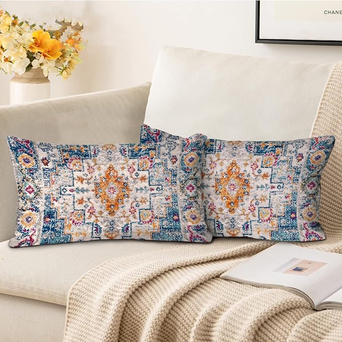 Boho Throw Pillow Covers 12x20 inch Set of 2,Boho Vintage Carpet Pattern Antique Ethnic Decor Double Sided Pattern Cushion Cover Soft Pillow Case Living Sofa Room Bed Square Pillow Cover