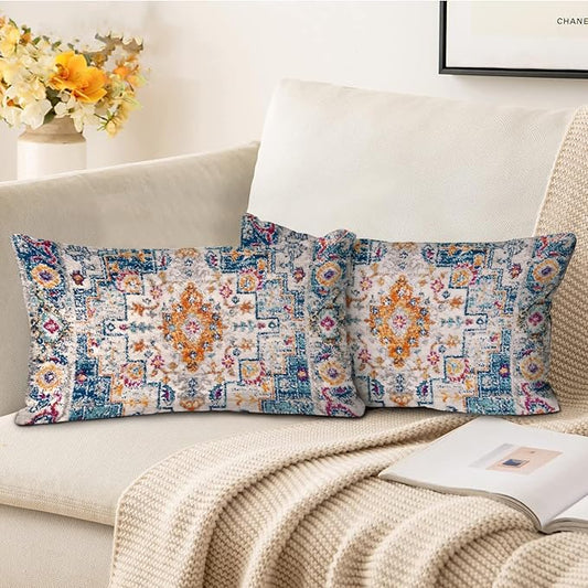 Boho Throw Pillow Covers 12x20 inch Set of 2,Boho Vintage Carpet Pattern Antique Ethnic Decor Double Sided Pattern Cushion Cover Soft Pillow Case Living Sofa Room Bed Square Pillow Cover