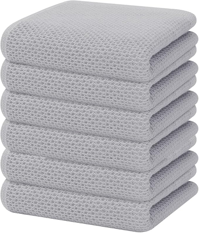 Homaxy 100% Cotton Waffle Weave Kitchen Dish Towels, Ultra Soft Absorbent Quick Drying Cleaning Towel, 13 x 28 Inches, 6-Pack, Light Gray