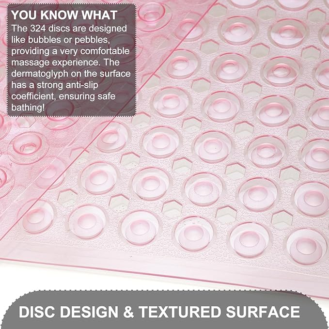 Bath Mat for Tub & Shower, Non Slip Soft Bathmat with Suction Cups & Drain Holes, Machine Washable Bathtub Floor Liner Mats for Bathroom, 35x16 Inch, Clear Pink