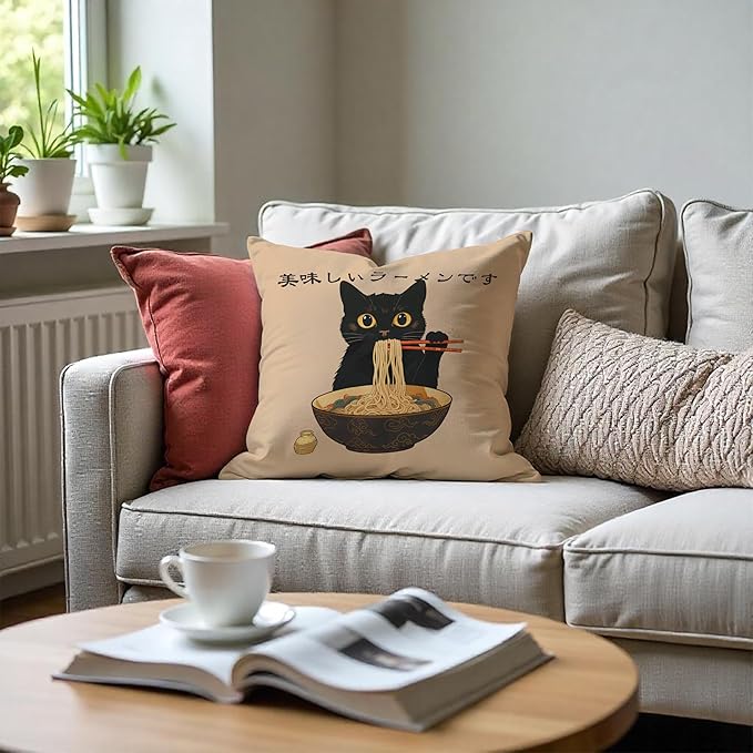 Funny Vintage Cute Anime Black Cat Japanese Ramen Noodles Pillow Covers 18x18, Aesthetic Black Cat Art Painting Decor Pillow Covers for Room Bedroom