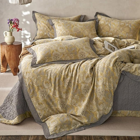 mixinni Duvet Cover Queen, Premium Cotton Double-Layer Yarn Golden Floral Jacquard Reversible Grey Comforter Cover with Edge Design, Farmhouse Bedding Set with 2 Pillowcases Perfect for Him and Her