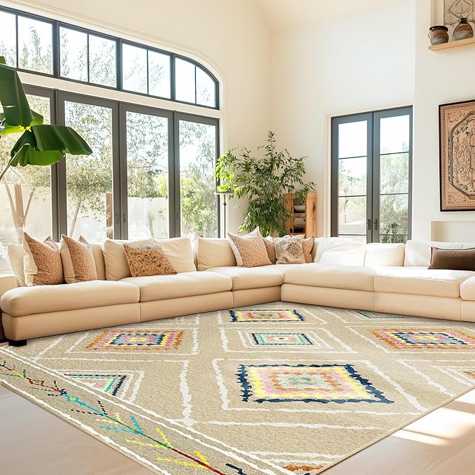 Area Rug 9x12 Rug Machine Washable Non-Slip Low Pile Print Pattern Western Rug for Living Room Bedroom Entryway Tribal Series -Cream/Beige