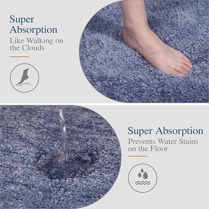 Walensee Non Slip Bath Mat (16 x 24, Blue) - Soft Microfiber Shaggy, Water Absorbent, Machine Washable, Thick Plush Shower Rug