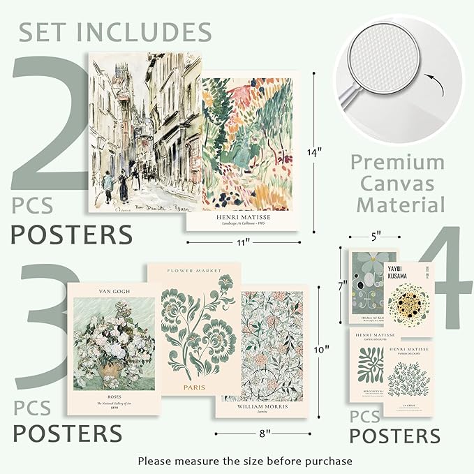 Sage Green Wall Art Prints Eclectic Decor, ASTRDECOR 9 PCS Sage Green Wall Decor Aesthetic, Green Matisse Wall Art Exhibition Poster Set, Bathroom, Hallway- Unframed