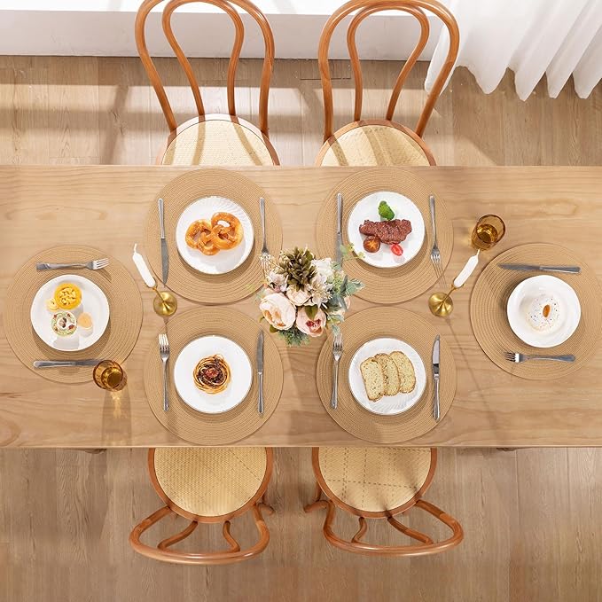 SHACOS 15 inch Round Braided Placemats Set of 6 Non Slip Heat Resistant Round Table Mats Fabric Place Mats for Dinner Party Table Decoration (Camel, 6)