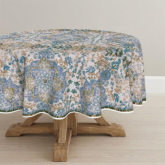 Horaldaily Boho Bohemia Style Tablecloth 70×70 Inch Round, Blue Vintage Country Rustic Farmhouse Magical Fall Orange Washable Seasonal Table Cover for Party Picnic Dinner Decor