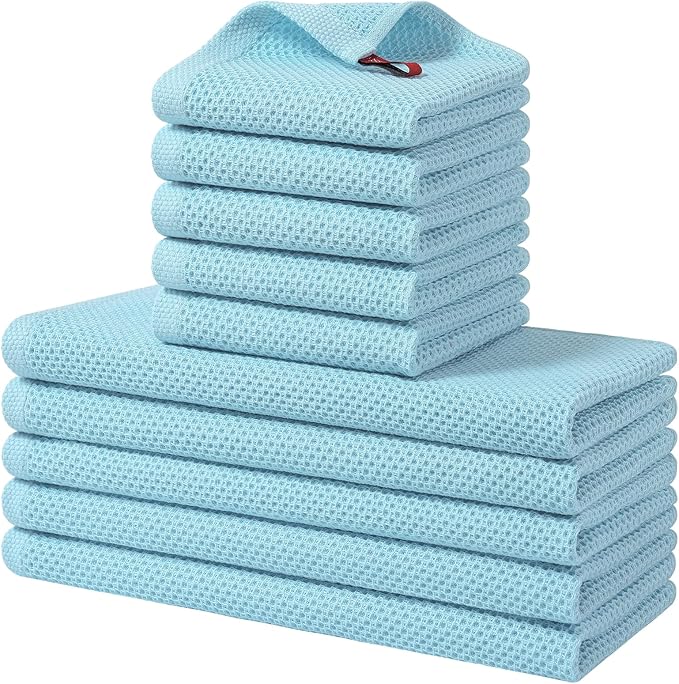 Homaxy 100% Cotton Kitchen Towels and Dishcloths Set, 12 x 12 Inches and 13 x 28 Inches, Set of 10 Bulk Kitchen Towels Set, Ultra Soft Absorbent Dish Cloths for Washing Dishes, Sky Blue