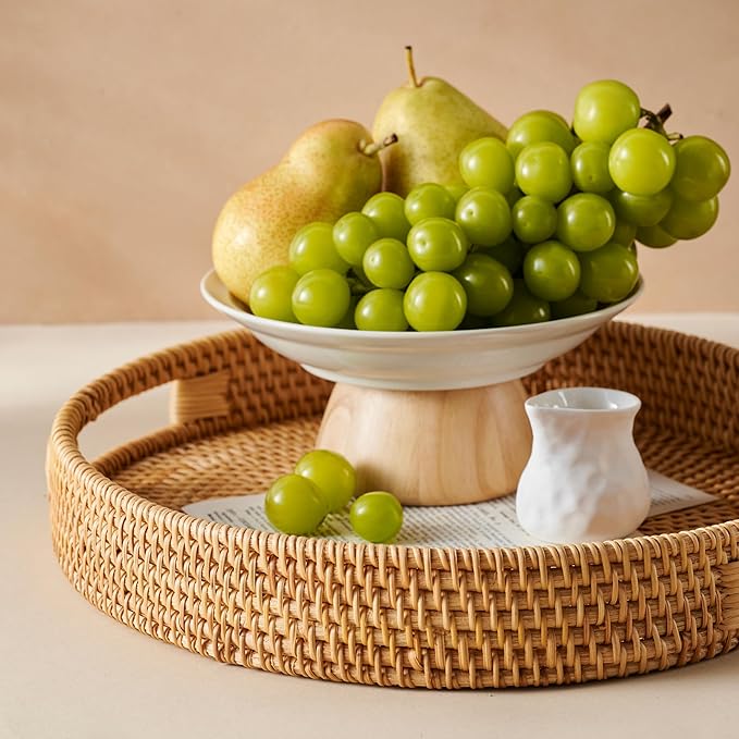 JUNGLE CULTURE Rattan Serving Tray 12" in Natural Honey • Woven Serving Trays with Handles for Home • Round Decorative Circle Table Tray • Boho Wicker Serving Basket for Ottoman, Coffee Table, Couch