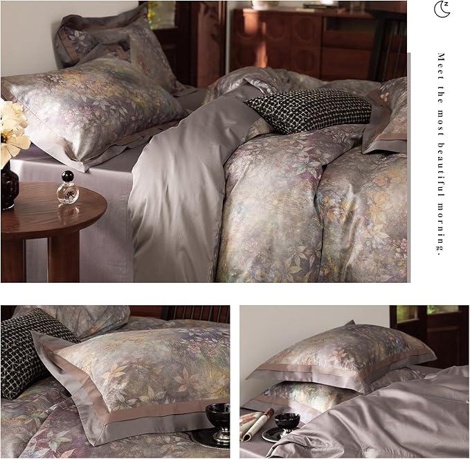 mixinni Vintage Floral Duvet Cover Set - Queen Size, 100% Long Staple Cotton Percale, Reversible Purple Floral Bedding Set with Zipper Closure, 3-Piece Luxury Duvet Cover with 2 Pillow Shams (20"x26")