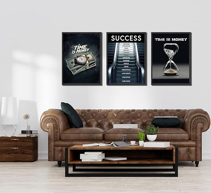 3Pcs Time Is Money Wall Art Paintings Office Wall Decor Pictures Inspirational Quotes Posters Prints Road to Success Canvas Paintings of Man Cave Living Room Bedroom Office Decor unframed