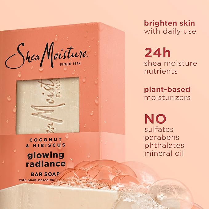 SheaMoisture Bar Soap Coconut and Hibiscus 4 Count Glowing Radiance Glowing Radiance bar soap with 24h shea moisture nutrients for Healthy, Glowing Skin 8 oz