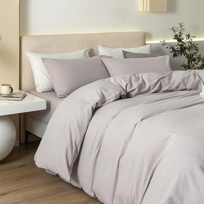 JIYUAN 100% Washed Cotton Duvet Cover Set 3 Pieces Oversized King, 1 Duvet Cover 120x98 Inches(Comforter Not Included) and 2 Pillowcases,Linen Feel Bedding Set Comfy and Breathable, Heathered Linen