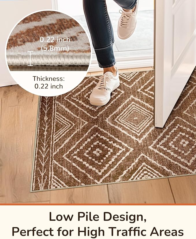 Area Rug 2x6 Rug Machine Washable Non-Slip Low Pile Print Pattern Western Rug for Living Room Bedroom Entryway Tribal Series -Yellowbrown/Cream