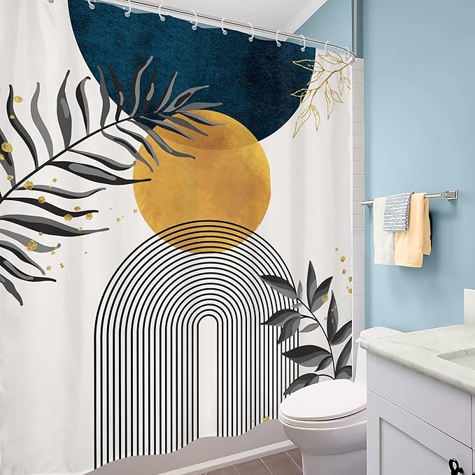 Navy Blue Boho Shower Curtain 60Wx72H Modern Bohemian Mid Century Abstract Gold Leaves Minimalist Geometric Plant Bathroom Decor Neutral Botanical Bath Curtain Fabric Polyester 12 Pack Hooks