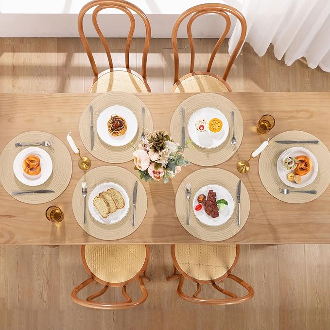 SHACOS 15 inch Round Braided Placemats Set of 6 Non Slip Heat Resistant Round Table Mats Fabric Place Mats for Dinner Party Table Decoration (Light Beige, 6)