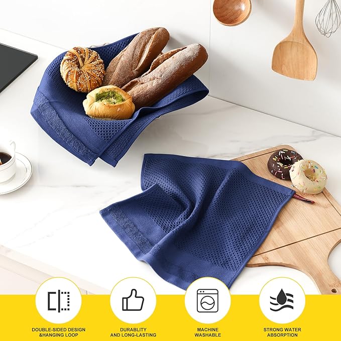 Homaxy Kitchen Towels and Dishcloths Set, 12 x 12 and 13 x 28 Inches, Set of 8 100% Cotton Waffle Weave Kitchen Towels, Super Soft and Absorbent Dish Cloths, Navy Blue