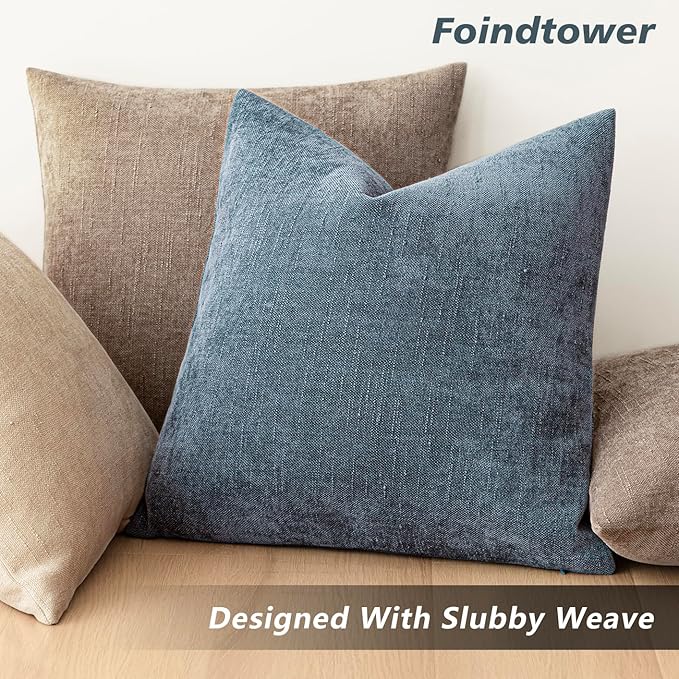 Foindtower Pack of 2 Soft Textured Chenille Throw Decorative Pillow Covers Square Accent Solid Cushion Cover Cozy Neutral Farmhouse Pillow Case for Couch Sofa Bedroom Living Room 18x18 Inch,Blue