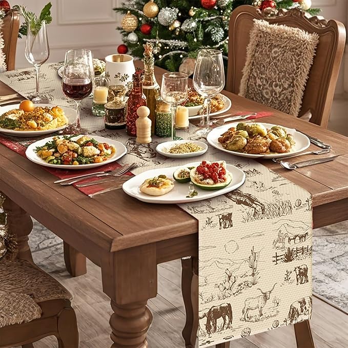 Cowboy Farm Table Runner Seasonal Spring Fall Kitchen Dining Linen Table Decoration for Indoor Outdoor Home Party Dinner 13x72 Inch