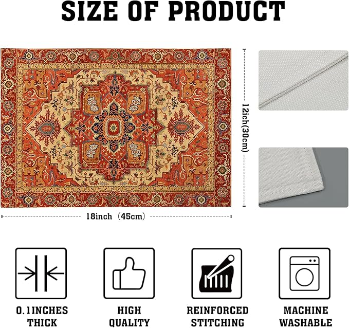 Giwawa Boho Ethnic Placemats Set of 4 Vintage Orange Brown Retro Flower Decorative Linen Table Place Mats 12"x18" Rustic Country Style Floral Place Mats Heat Resistance for Kitchen Dining Farmhouse