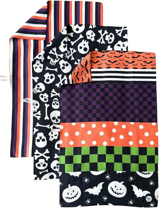 || 3 Pack|| Double Sided Dish Towels || Waffle Weave Microfiber || Tea Towels || Highly Absorbent || Hanging Loop || Dish Cloths || Modern || Designer Prints (Halloween Multi)