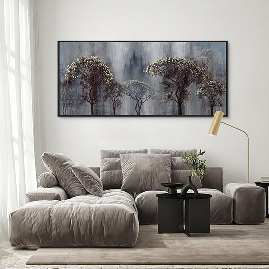 KLAKLA Living Room Wall Art - Black and White Wall Decor Large Picture Landscape Black and Gold Tree Artwork for Walls Frame Canvas Bedroom Office Home Decor 70x31 Inches