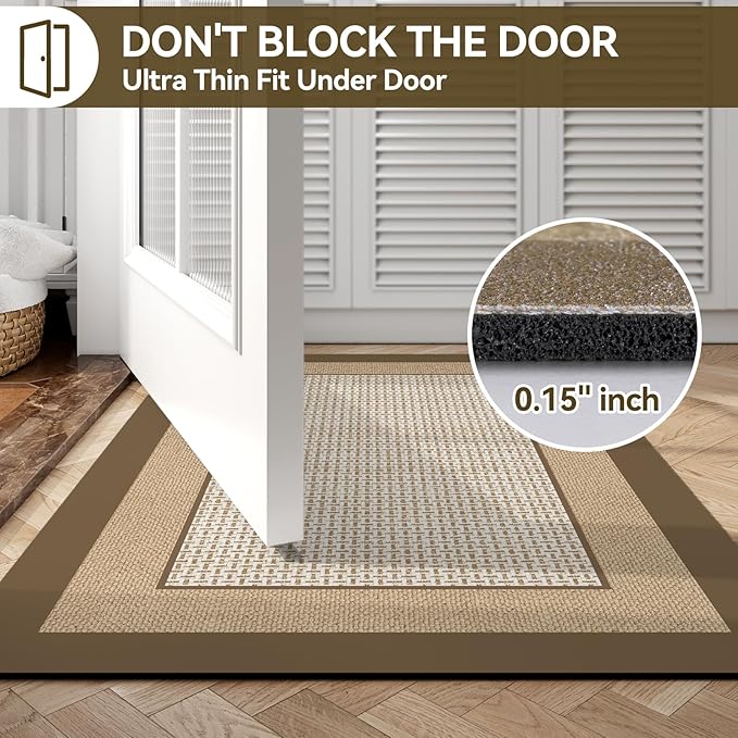 Non Slip Thin Bath Mat Bathroom Rugs, Rubber Backing Ultra Thin Bathroom Rug Fit Under Door, Quick Dry Super Absorbent Washable Shower Bath Mats, Khaki 20x32