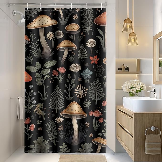 Aimego Stall Small Shower Curtains - Boho Mushroom Vintage Floral Plants Flowers Fairy Nature Botanical Narrow Half Fabric Cloth Bath Shower Curtain Set with Hooks Bathroom Decor, 36"x72"
