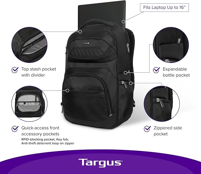Targus Legend IQ Laptop Backpack Travel Backpack for Laptops up to 16-Inches Backpack for Men and Women, Black (TSB705US)