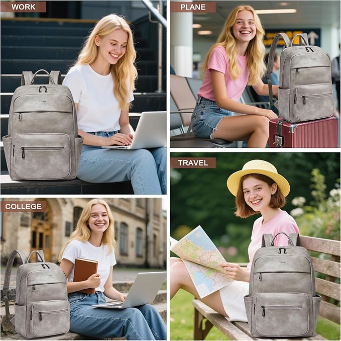 Leather Laptop Backpack for Women 15.6 Inch Laptop Travel Backpack Purse Casual Daypack with Laptop Compartment for College Work Nurse Business Weekender, Grey