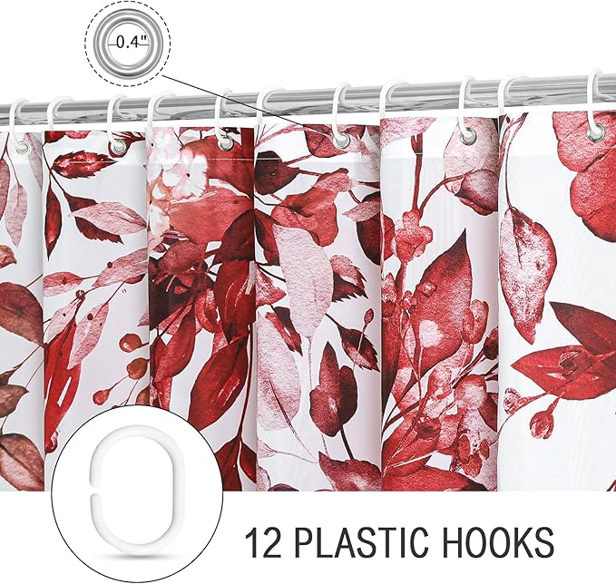Gibelle Small Stall Shower Curtain 36 x 72, Narrow Half Burgundy Red Floral Shower Curtain for Bathroom, Watercolor Plant Eucalyptus Leaves Fabric Shower Curtain Set with Hooks