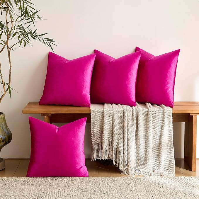 GIGIZAZA Set of 4 Hot Pink Throw Pillow Covers 16x16 Soft Velvet Pillow Covers Modren Decorative Pillows Covers Couch Sofa Living Room Pillowcase