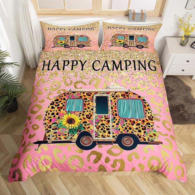 Camper Bedding Set Twin Size Comforter Cover for Kids Teen Girls Boys Room Decor,Happy Camping Theme Quilt Cover Leopard Cartoon Car Duvet Cover with 1 Pillowcase, Pink Golden