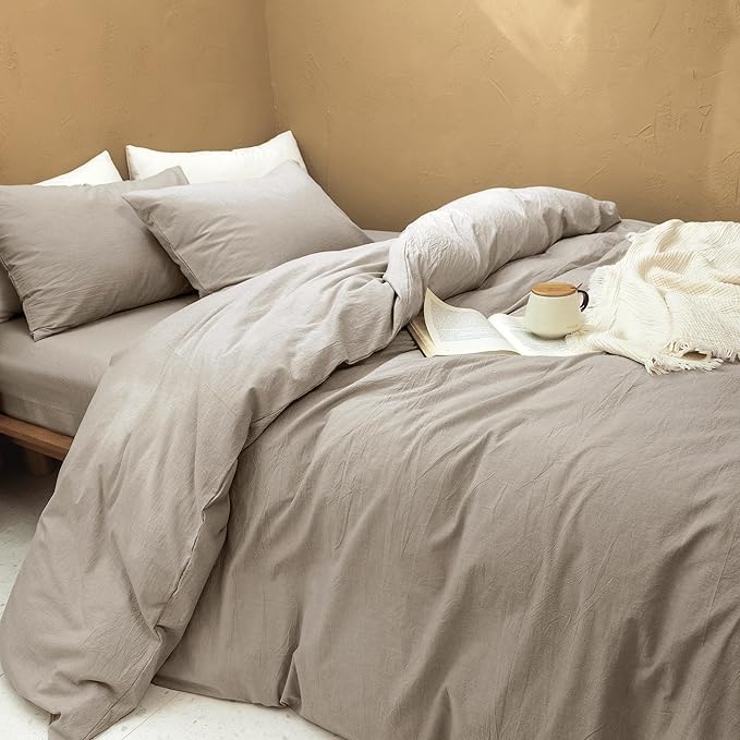 FOSSA Duvet Cover Set 100% Washed Cotton Linen Feel Super Soft Breathable Cozy 3 Pieces Bedding Sets Solid Tannish Linen Grey California King