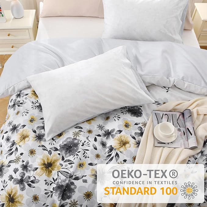 MUXHOMO Duvet Cover Queen Size, Reversible Floral Vintage Duvet Cover Set with Zipper Closure, 3 Pieces Botanical Patterns Soft Microfiber Bedding Set (90"x90", 2 Pillow Cases, Yellow Grey Flower)