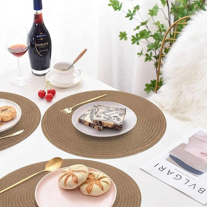 SHACOS Round Braided Placemats Set of 6 Washable Cotton Polyester 15 inch Round Table Place Mat for Dining Table (Brown, 6)