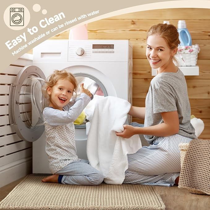 Pale Beige Bathroom Rug, Waffle Bath Mat Non Slip Washable Super Absorbent Quick Dry Boho Farmhouse Bathroom Decor, 48''x24'' Pale Beige