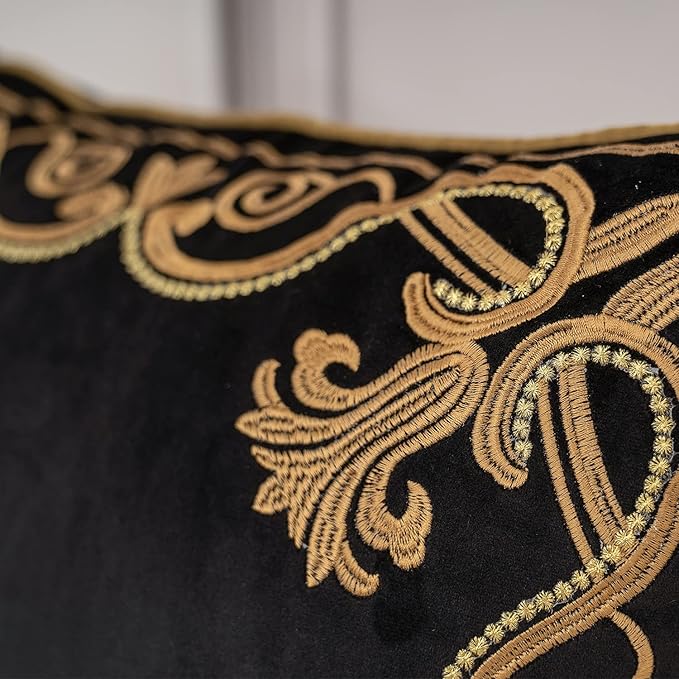 Aeckself European Floral Pillow Cover 24x24 Inch, Large Luxury Velvet Embroidered Decorative Throw Pillow Cover for Couch Bedroom Living Room, Black and Gold, Yw-OBYG-Black6060