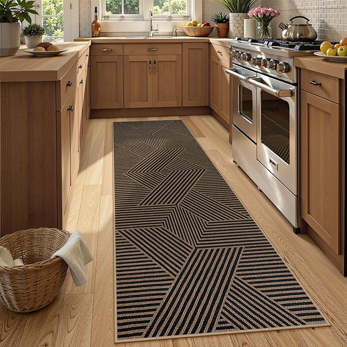 Lahome Modern Geometric Runner Rug, 2x8 Washable Rug Runners for Hallways Non Slip, Black Outdoor Carpet with Rubber Backing, Farmhouse Non Shedding Kitchen Mats for Floor Entryway