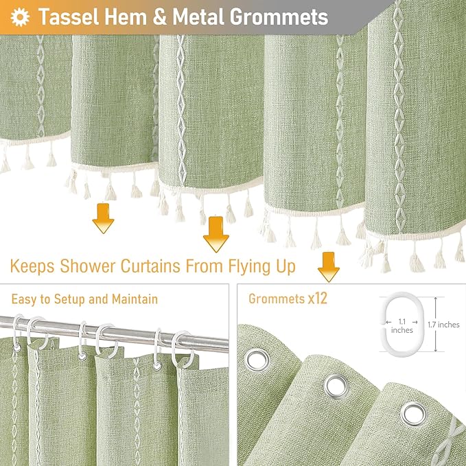 BTTN Extra Long Shower Curtain, 72x84 Inch Long Boho Tassel Linen Fabric Shower Curtain Set with Plastic Hooks, Large Modern Farmhouse Country Decorative Cloth Shower Curtain for Bathroom, Sage Green