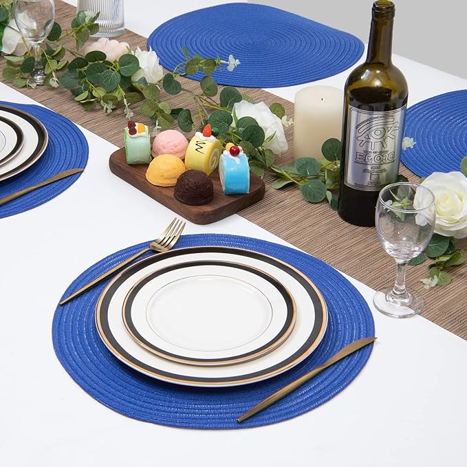 SHACOS Round Placemats Set of 6 Washable 15 inch Round Table Mats Cotton Polyester Woven Braided Place Mats for Dining Table (Blue, 6)
