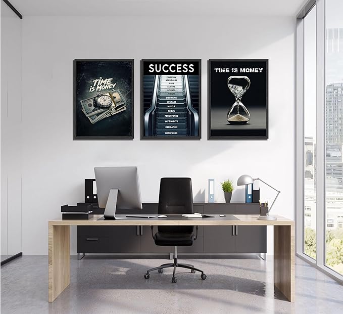 3Pcs Time Is Money Wall Art Paintings Office Wall Decor Pictures Inspirational Quotes Posters Prints Road to Success Canvas Paintings of Man Cave Living Room Bedroom Office Decor unframed