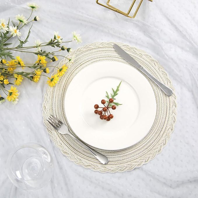 SHACOS Round Placemats Set of 4 Boho Braided Border Place Mats for Dining Tables Wedding Holiday Party (Ivory Bordered, 4)