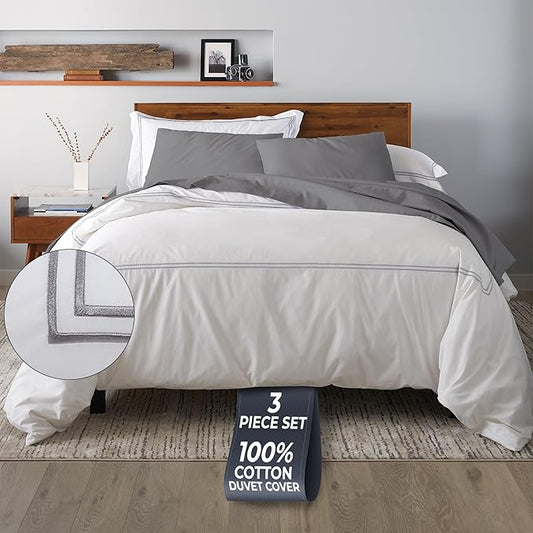 Ella Jayne Duvet Cover Queen Size (3 Pieces), 100% Cotton Percale, Full/Queen, Soft, Breathable & Lightweight, Including Duvet Cover (1 Piece) 90 x 90 Inches with 2 Pillow Shams (Stone Design)