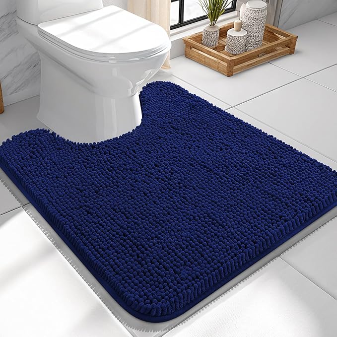 OLANLY Toilet Rugs U-Shaped 24x24, Extra Soft Absorbent Chenille Contour Bathroom Rugs for Toilet, Dry Quickly, Machine Washable, Non-Slip Bath Mat, Navy