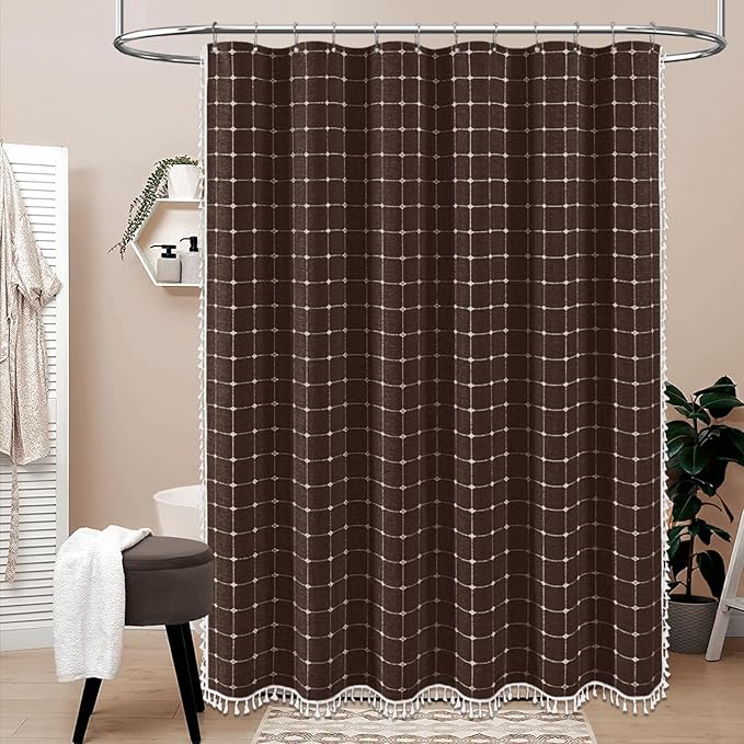 BTTN Boho Farmhouse Shower Curtain - Linen Rustic Heavy Duty Fabric Shower Curtain Set with Tassel, Water Repellent, Bohemian Vintage Country Thick Cloth Shower Curtains for Bathroom - Brown - 72x72