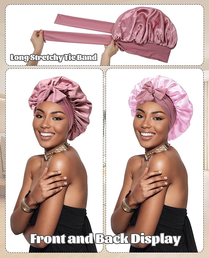 Satin Bonnet for Sleeping Cap Double Layer Hair Bonnet with Elastic Tie Band for Curly Hair Night Cap (Bean Paste + Pink)