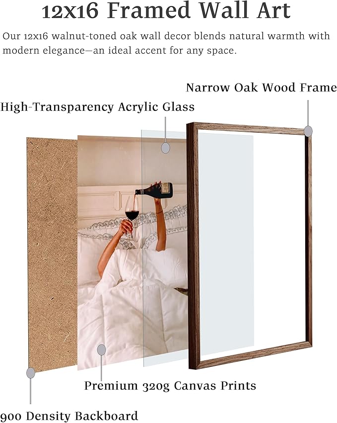 EcoHest Woman Drinking Wine in Bed Framed Wall Art Walnut Color, 12x16 in OAK Wood Feminist Alcohol Canvas Art, Trendy Teen Girl Bar Cart Print College Room Decor Set of 1 For Bedroom Living Room