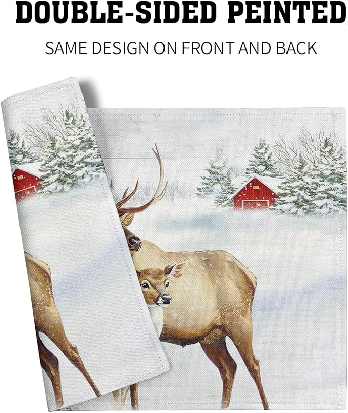 Giwawa Winter Deer Placemats Set of 4 12x18 Inch Christmas Reindeers Elk Moose Place Mat Xmas Trees Snow Wildlife Table Mats Washable Stain Resistance for Kitchen Dining Seasonal Party Decor
