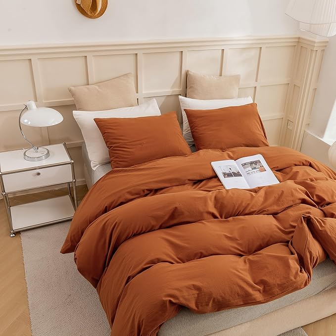 ECOCOTT Brown Duvet Cover Queen Size, 3 Piece 100% Washed Cotton 1 Duvet Cover with Zipper and 2 Pillowcases, Ultra Soft and Easy Care Breathable Cozy Bedding Set(Brown,Queen)